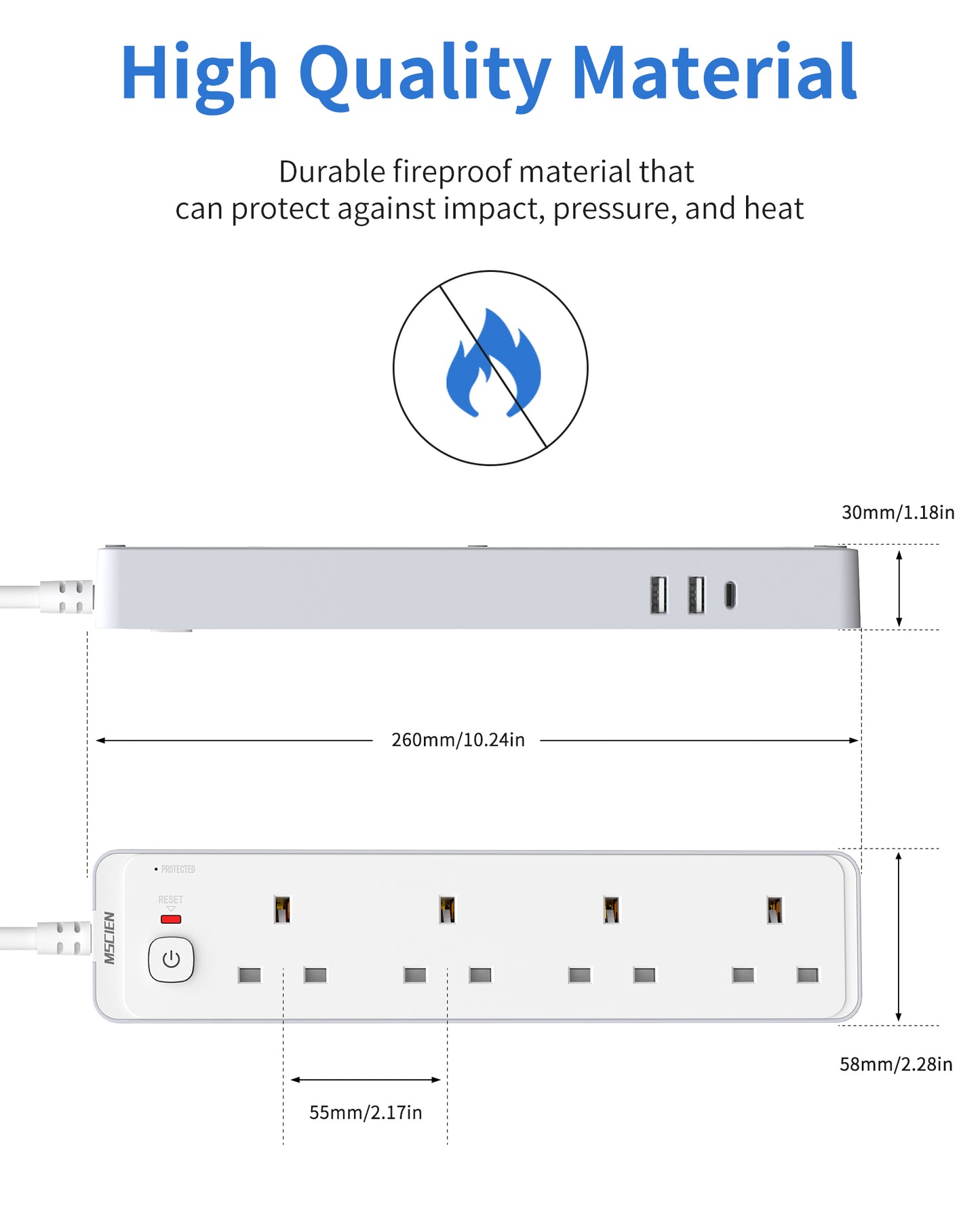 1.8M Extension Lead with USB Slots, 4 Way 3 USB(3.4A, 1 USB C, 2 USB A) Extension Socket, Surge Protected UK Power Strips