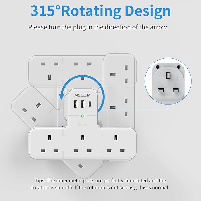 Mscien Multi Plug Adaptor, 6 in 1 Plug Extension Socket 3 Way 3 USB(3.4A,1 Type-C)