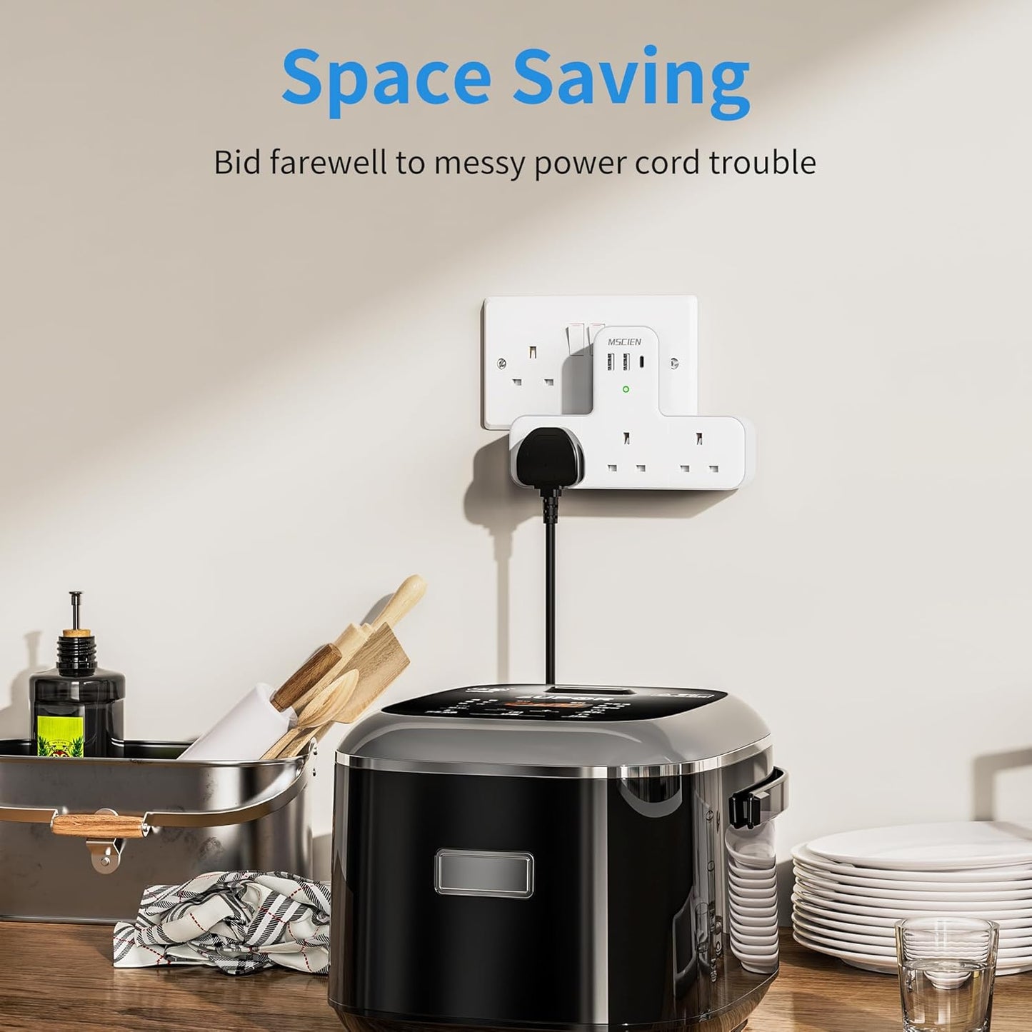 Mscien Multi Plug Adaptor, 6 in 1 Plug Extension Socket 3 Way 3 USB(3.4A,1 Type-C)
