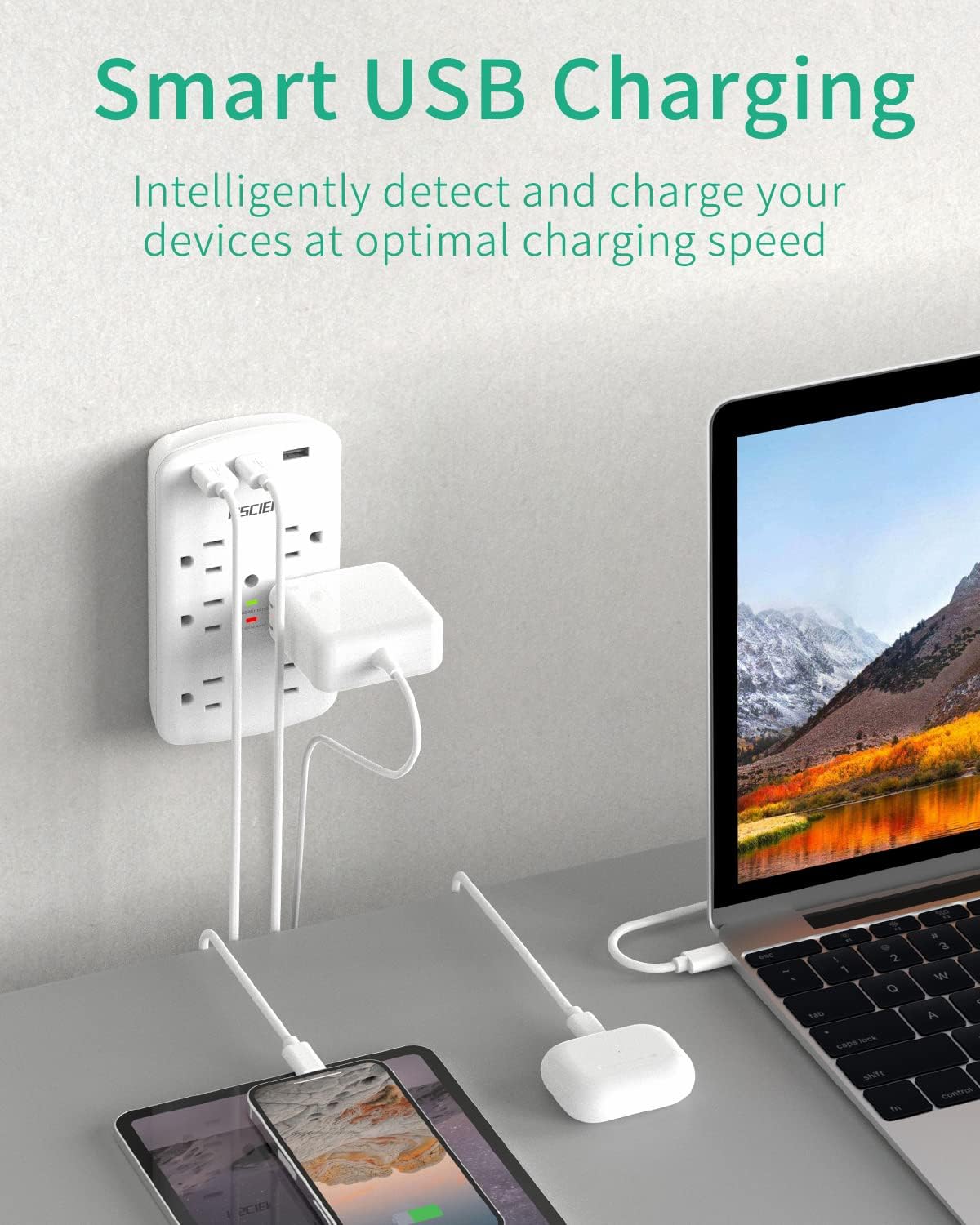 Wall Outlet Extender Surge Protector, Mscien 6 AC Multi Plug Outlet Wall Adapter with 3 USB(3.4A Total), Wall Mount Power Strip Outlet Splitter for Home Dorm Office Travel, 1800 Joules, ETL Listed