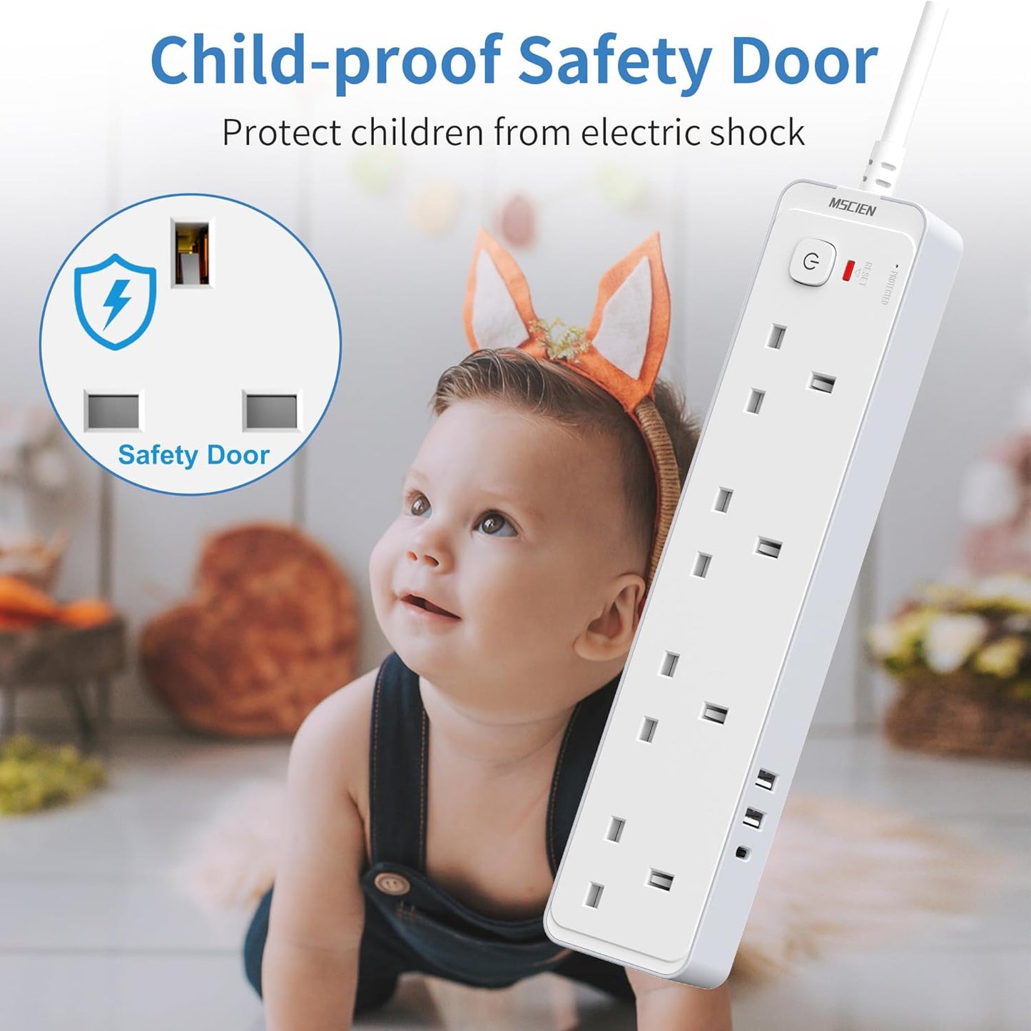 Mscien 5M Extension Lead with 3 USB Slots(3.4A, 1 USB C, 2 USB A), 4 Way Extension Socket with Switch Wall Mountable