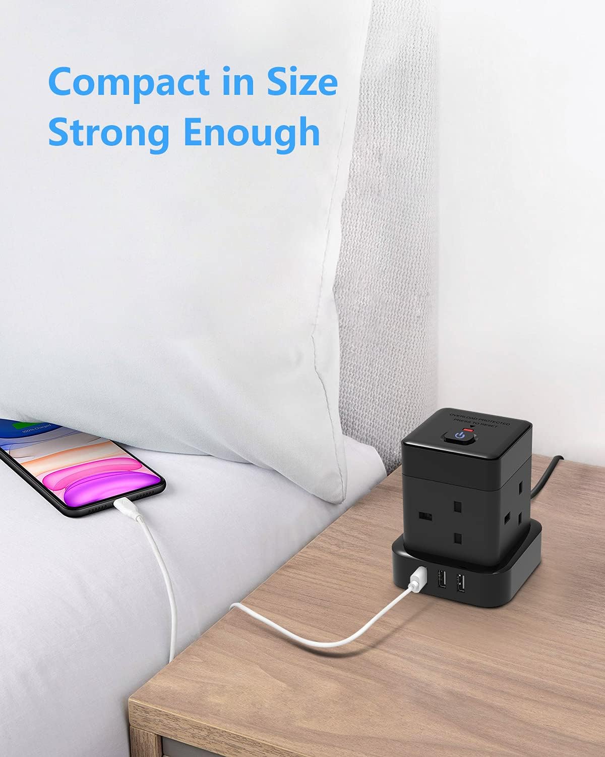 3M 4Gang Cube Extension Lead with 3 USB-A Slots, Black, Overload Protection