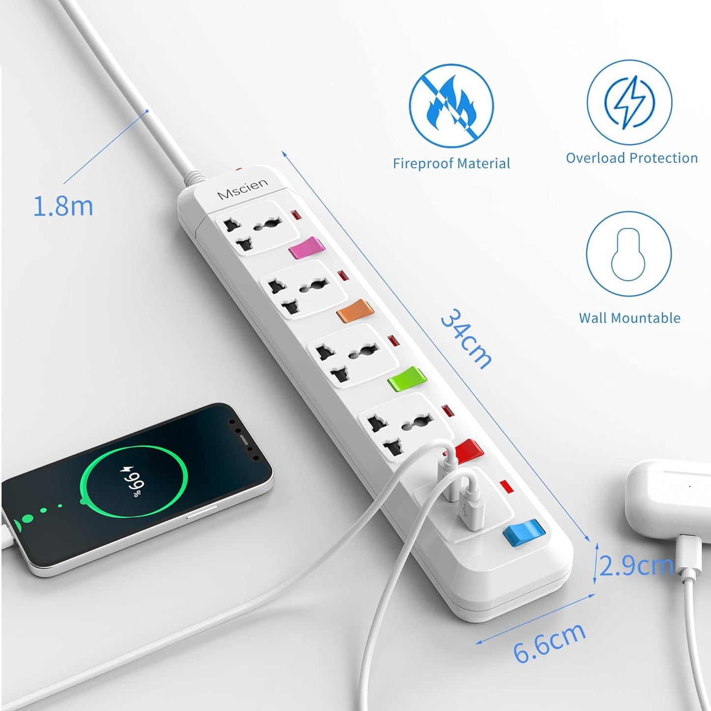 UK to EU Travel 1.8M 4Gang Extension Lead with 2 USB-A, Individually Switched, Overload Protector