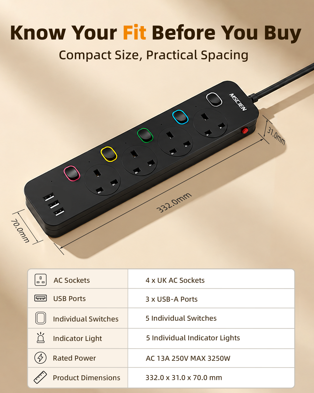Mscien Extension Lead with 3 USB Slots 6M Black Individual Switched, 3250W