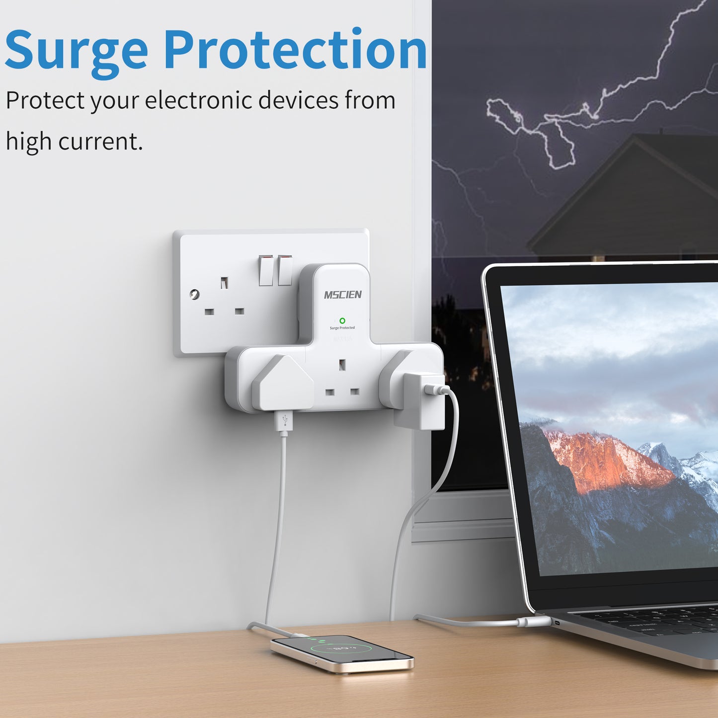 Multi Plug Adapter, Mscien 3 Way UK Plug Extension Socket with 315 Degree Rotation, Wall Power Strip Surge Protector Extender without Cable Plug Adaptor For Home, Office, Dorm