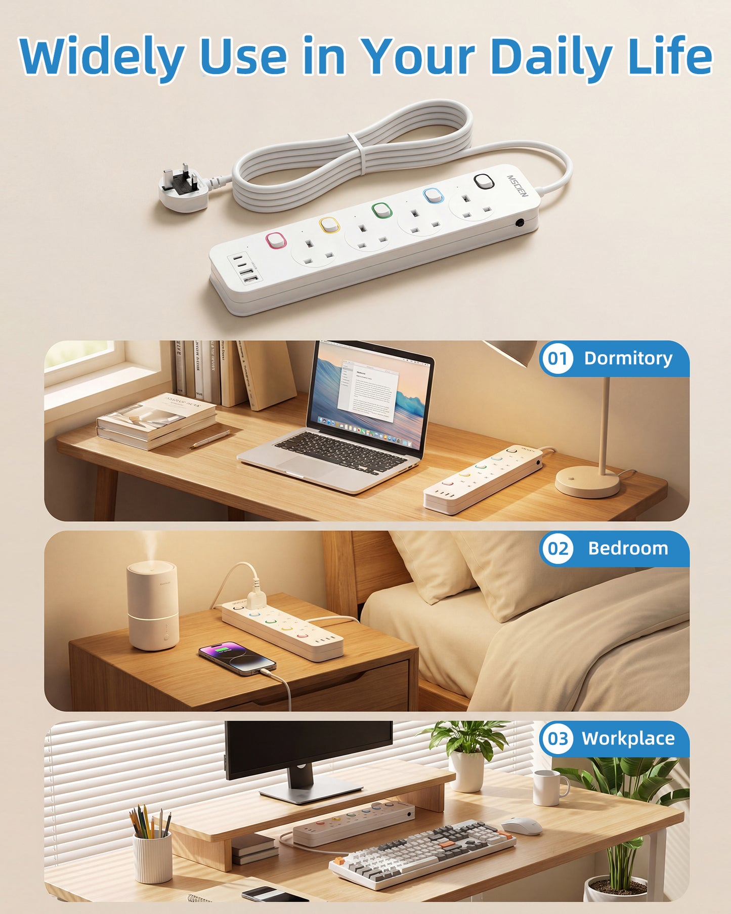 Mscien Extension Lead with USB Slots 1M, 4 Way Switched Extension Lead with Wall Mount, Overload Protection Power Strip, USB-C Slots, for Home, Office, 13A/3250W