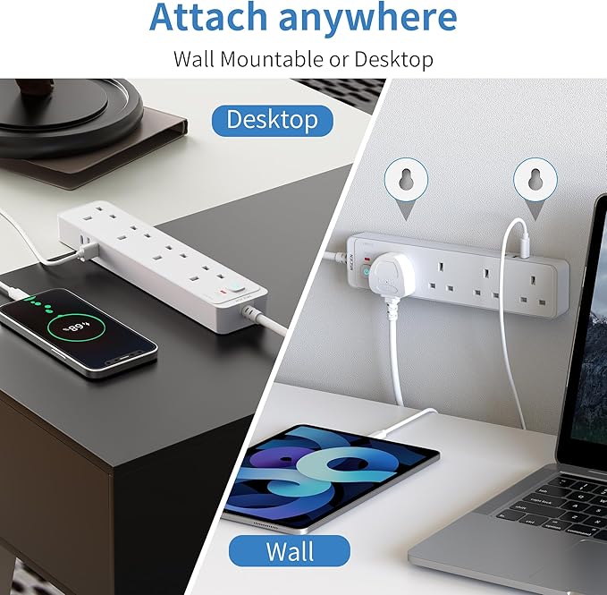 Mscien 5M Extension Lead with 3 USB Slots(3.4A, 1 USB C, 2 USB A), 4 Way Extension Socket with Switch Wall Mountable