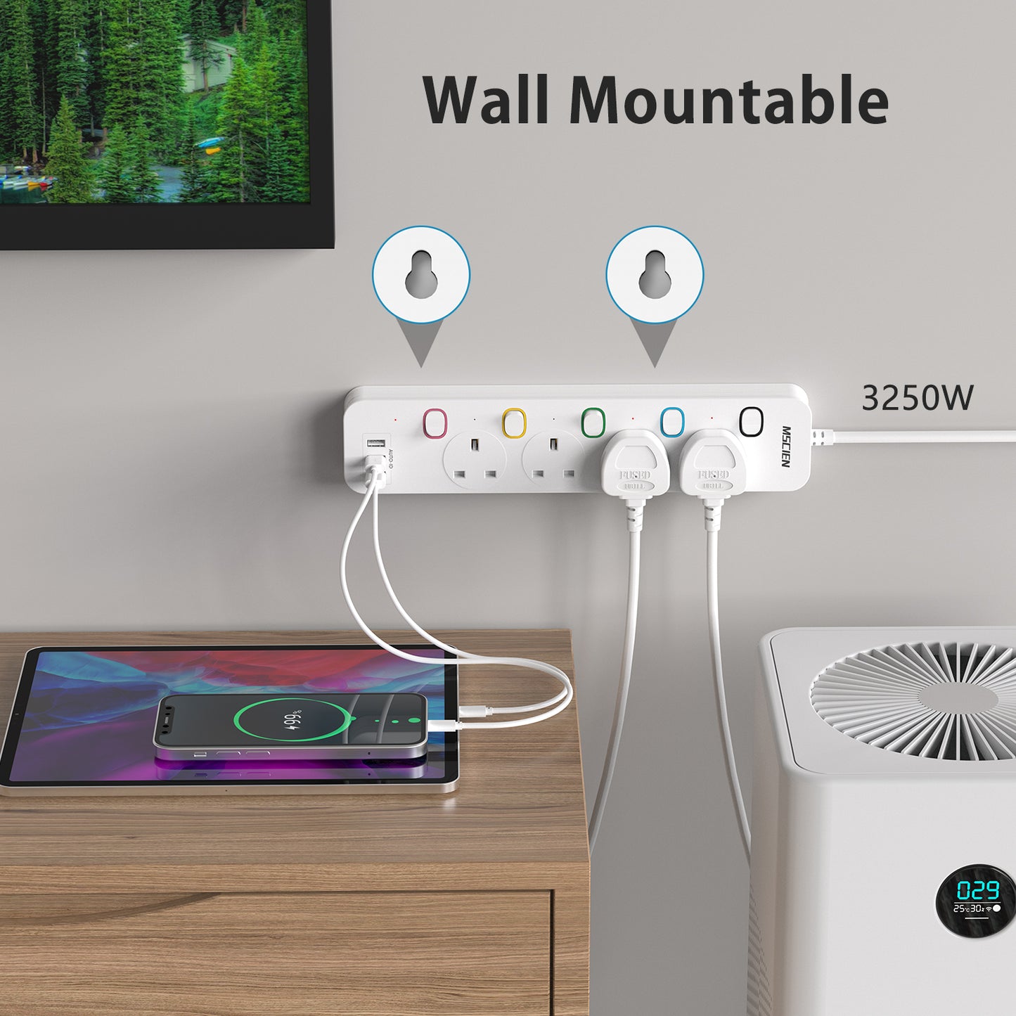 Mscien 4M Extension Lead with USB Slots, 4 Way 3 USB Extension Socket with Individual Switches Mountable Power Strips with 4 Meters Extension cable 3250W