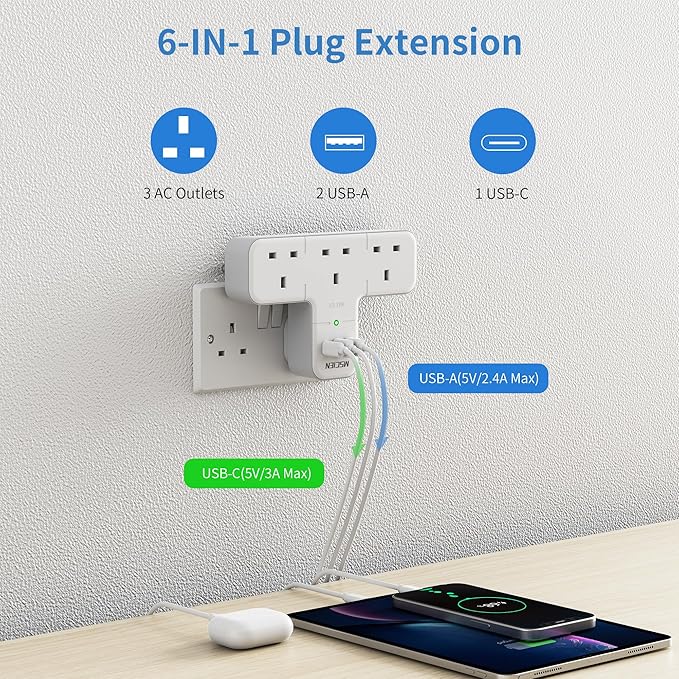 Mscien Multi Plug Adaptor, 6 in 1 Plug Extension Socket 3 Way 3 USB(3.4A,1 Type-C)