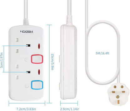 Mscien 5M Extension Lead Double 2 Sockets Gang Plug with Individual Switches Power Strips Wall-Mountable 5 Metre Two Way Extension Cord Cable, 250V