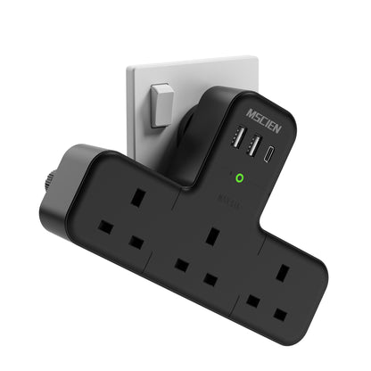 315° Black Plug Extension Socket, 6 in 1 Multi Plug Adopter 3 Way 3 USB, 13A Fuse Surge Protection Wall Socket UK Adapter, Widened Spacing Compact Portable Power Strip for Home Office Travel