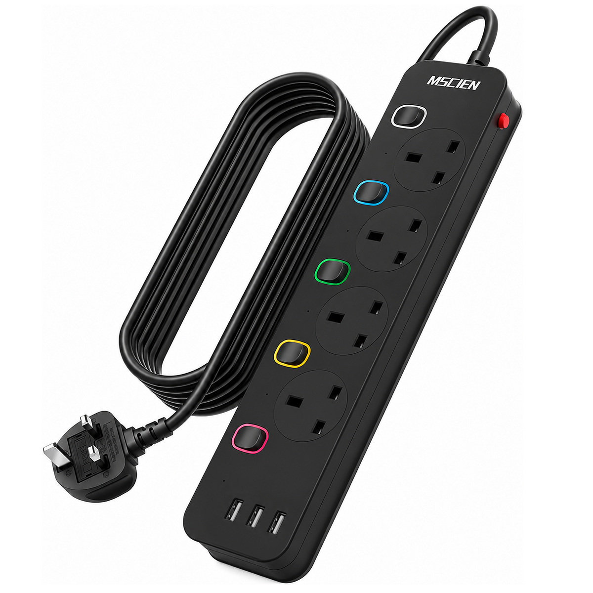Mscien Extension Lead with 3 USB Slots 5M Black Individual Switched, 3250W
