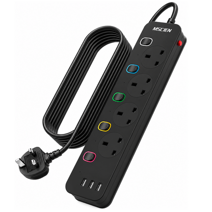 Mscien Extension Lead with 3 USB Slots 5M Black Individual Switched, 3250W