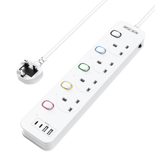 Mscien Extension Lead with USB Slots 1M, 4 Way Switched Extension Lead with Wall Mount, Overload Protection Power Strip, USB-C Slots, for Home, Office, 13A/3250W