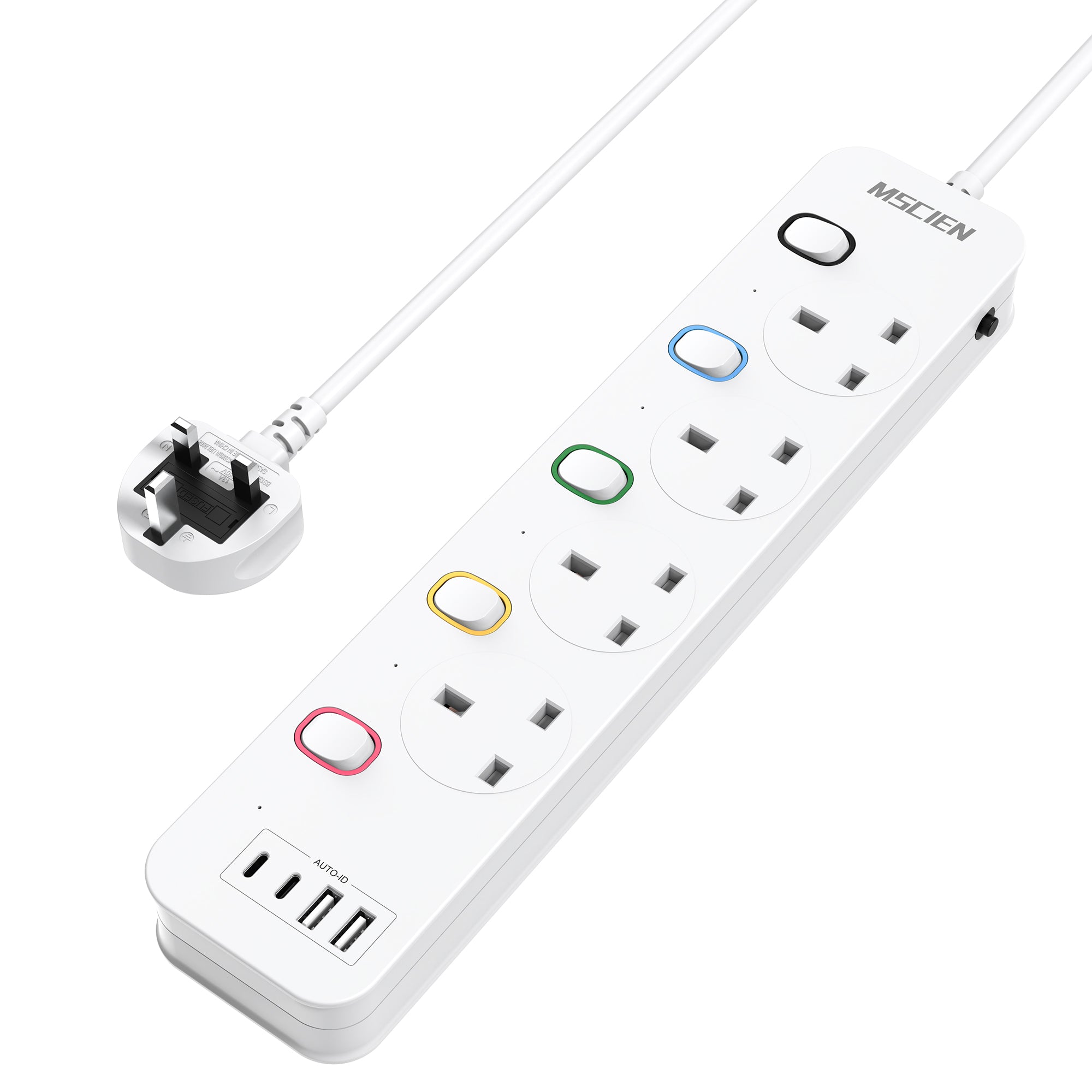 Mscien Extension Lead with USB Slots 2M, 4 Way Switched Extension Lead ...