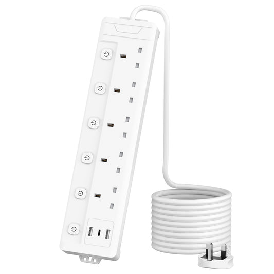 4M Extension Lead 5 Way with 3 USB Slots (2 USB-A,1 USB-C), Individually Switched, White 4 Metre Extension Lead, For Home Dorm Office