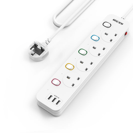 Mscien Extension Lead with USB Slots, 4 Way 3 USB Extension Socket with Individual Switches, Mountable Overload Protection Power Strips, 1.8 Meter Cable, 13A/3250W