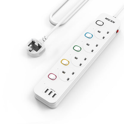 Mscien 4M Extension Lead with USB Slots, 4 Way 3 USB Extension Socket with Individual Switches Mountable Power Strips with 4 Meters Extension cable 3250W