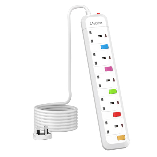 6M Long Extension Lead with Switches, Mscien 5 Way Extension Socket Surge Protected Overload Extension Cable, UK Power Strip Mountable with 6 Metre Extension Cord, 5 Gang Multi Plug
