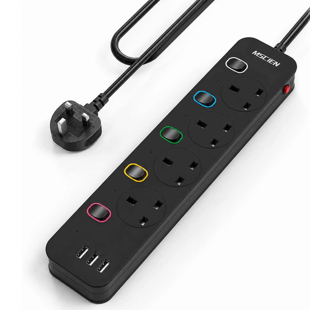 Mscien Extension Lead with 3 USB Slots 3M Black Individual Switched, 3250W