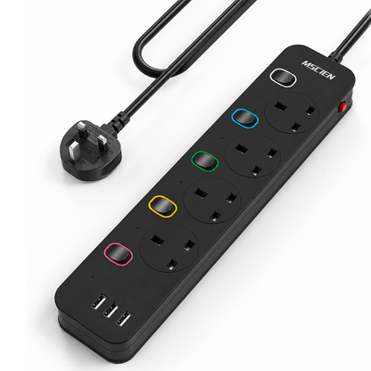Mscien Extension Lead with 3 USB Slots 3M Black Individual Switched, 3250W