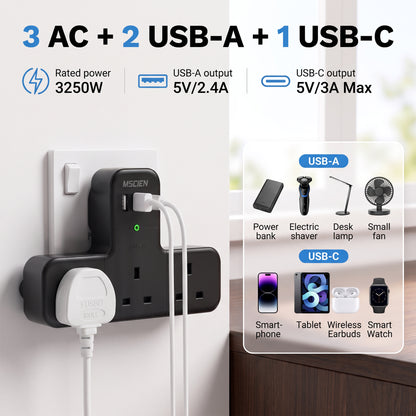 315° Black Plug Extension Socket, 6 in 1 Multi Plug Adopter 3 Way 3 USB, 13A Fuse Surge Protection Wall Socket UK Adapter, Widened Spacing Compact Portable Power Strip for Home Office Travel