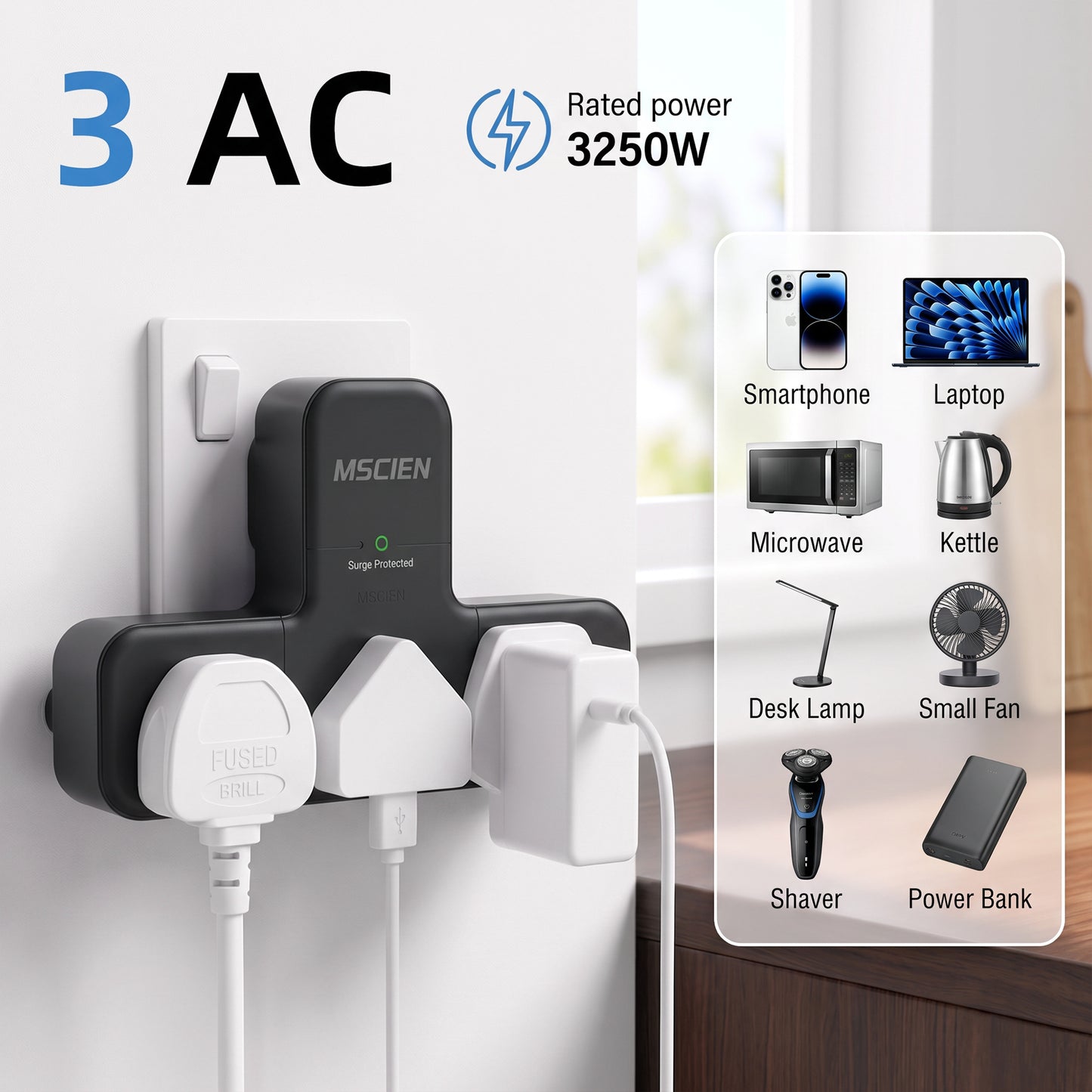 Black 3 Way Plug Extension Socket, 315° Mscien UK Multi Plug Adapter, Wall Power Strip 13A Fuse Surge Protector Extender without Cable Compact Portable Plug Adaptor for Home Office Trave