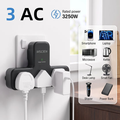 Black 3 Way Plug Extension Socket, 315° Mscien UK Multi Plug Adapter, Wall Power Strip 13A Fuse Surge Protector Extender without Cable Compact Portable Plug Adaptor for Home Office Trave