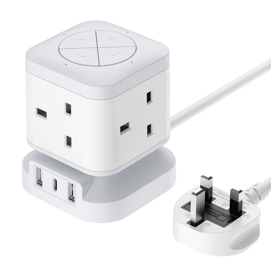 Tower Extension Lead with 3 USB Slots, Mscien 1.5M 4 Way UK Plug Socket with 4 Individual Switches, Cube Power Strip with 1 USB-C & 2 USB-A, Extension Cable for Home Office, Wall Mountable (13A/3250W)