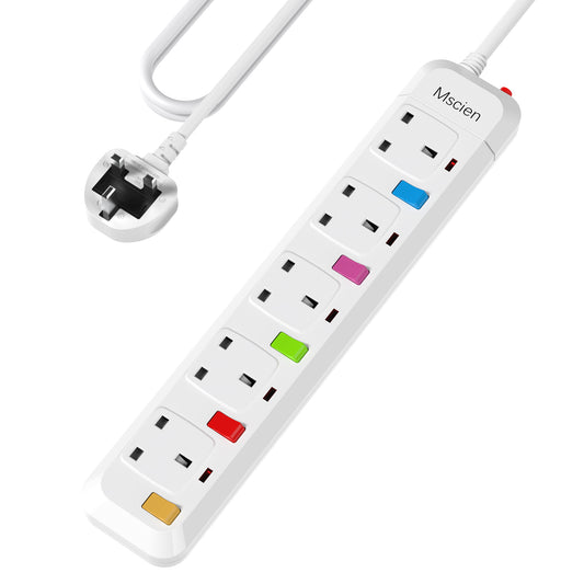 Mscien 1M Extension Lead 5 Way Independent Switch, Surge Protected Extension Lead, UK Power Strip Wall Mountable with 1 Metre Extension Cord, 5 Gang Multi Plug Extension Sockets