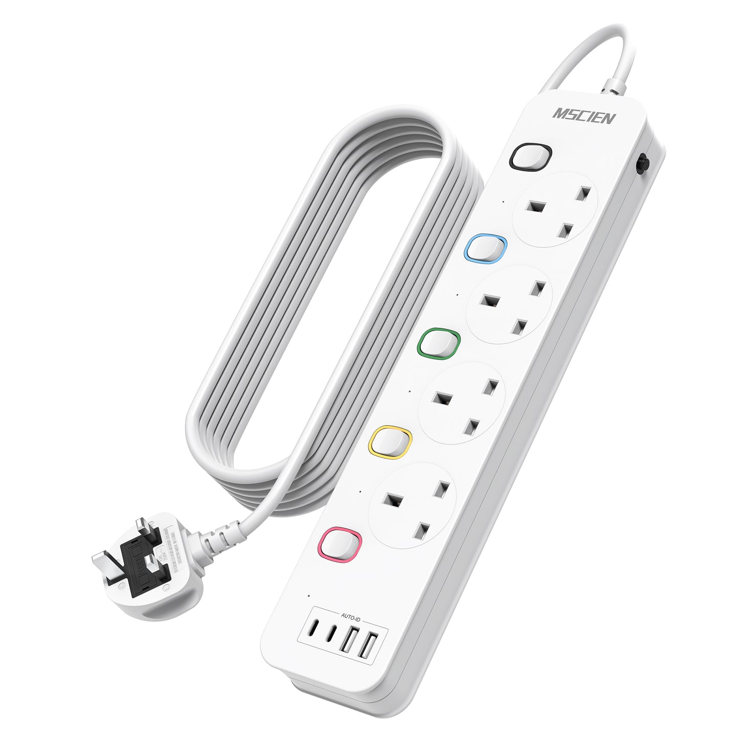 Mscien Extension Lead with USB Slots 3M, 4 Way Switched Extension Lead with Wall Mount, Overload Protection Power Strip, USB-C Slots, for Home, Office, 13A/3250W