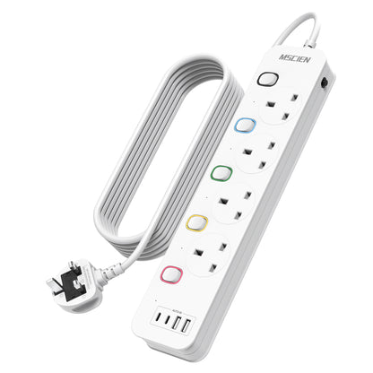 Mscien Extension Lead with USB Slots 3M, 4 Way Switched Extension Lead with Wall Mount, Overload Protection Power Strip, USB-C Slots, for Home, Office, 13A/3250W