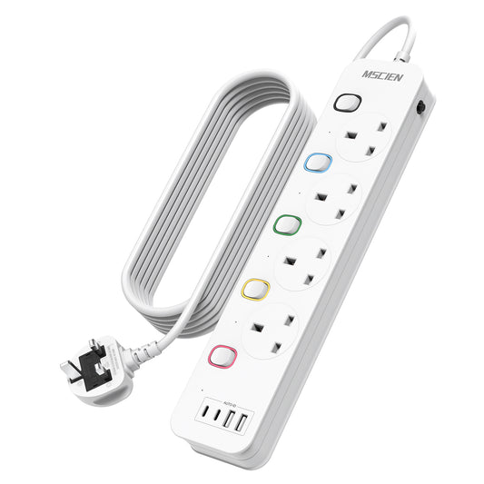 Mscien Extension Lead with USB Slots 6M, 4 Way Switched Extension Lead with Wall Mount, Overload Protection Power Strip, USB-C Slots, for Home, Office, 13A/3250W