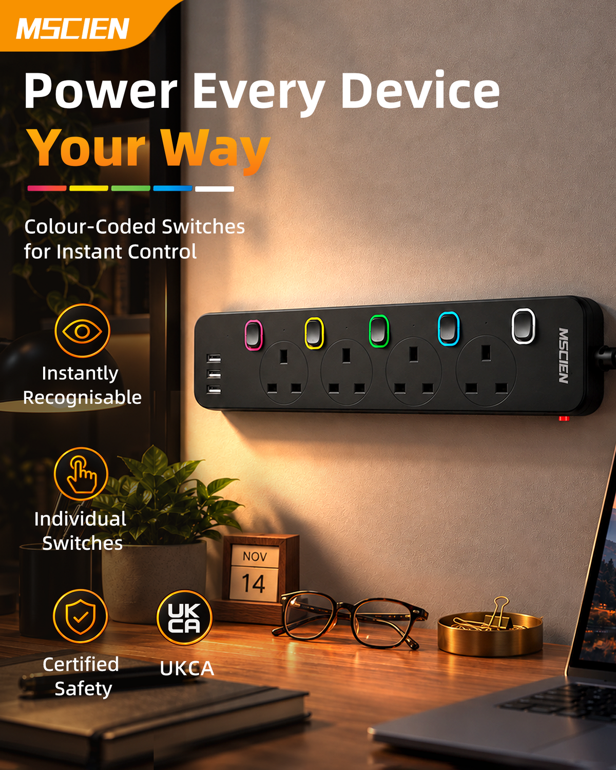 Mscien Extension Lead with 3 USB Slots 3M Black Individual Switched, 3250W
