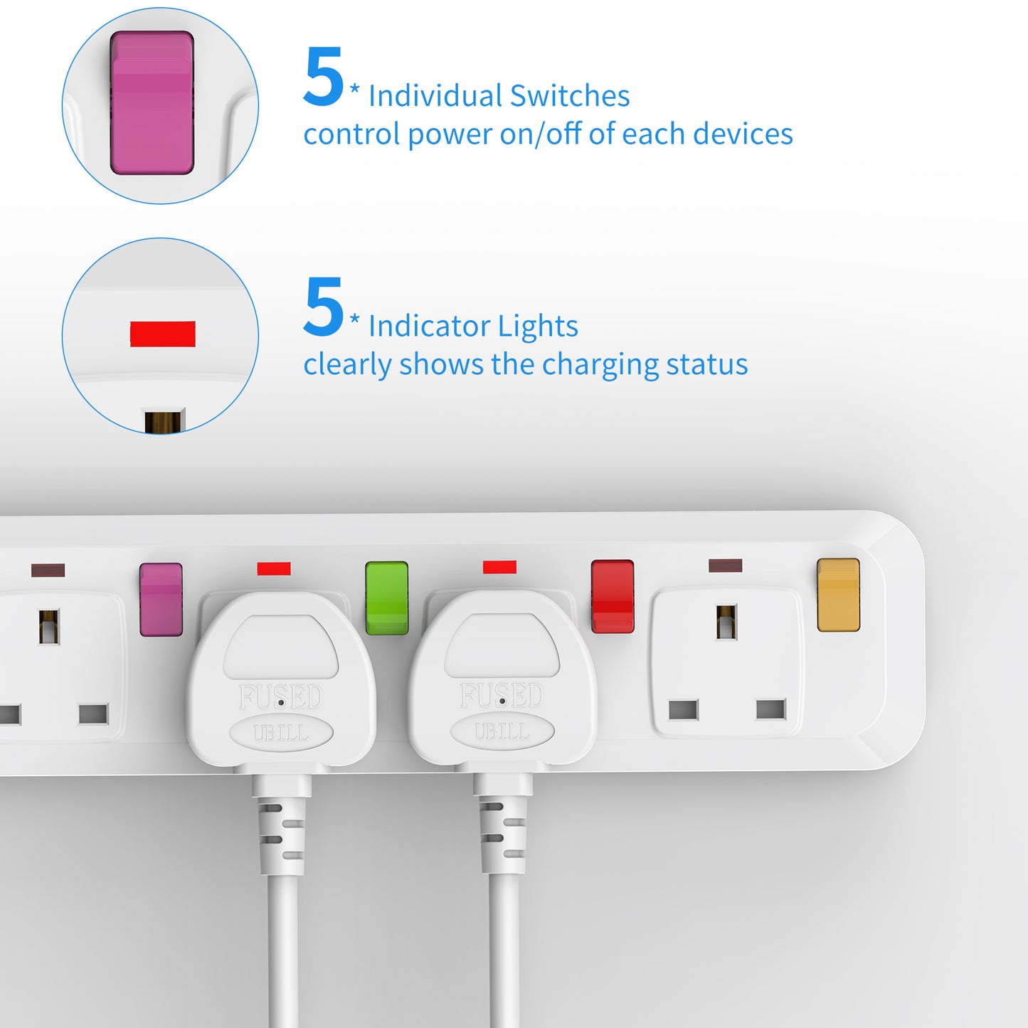 Mscien 1M Extension Lead 5 Way Independent Switch, Surge Protected Extension Lead, UK Power Strip Wall Mountable with 1 Metre Extension Cord, 5 Gang Multi Plug Extension Sockets