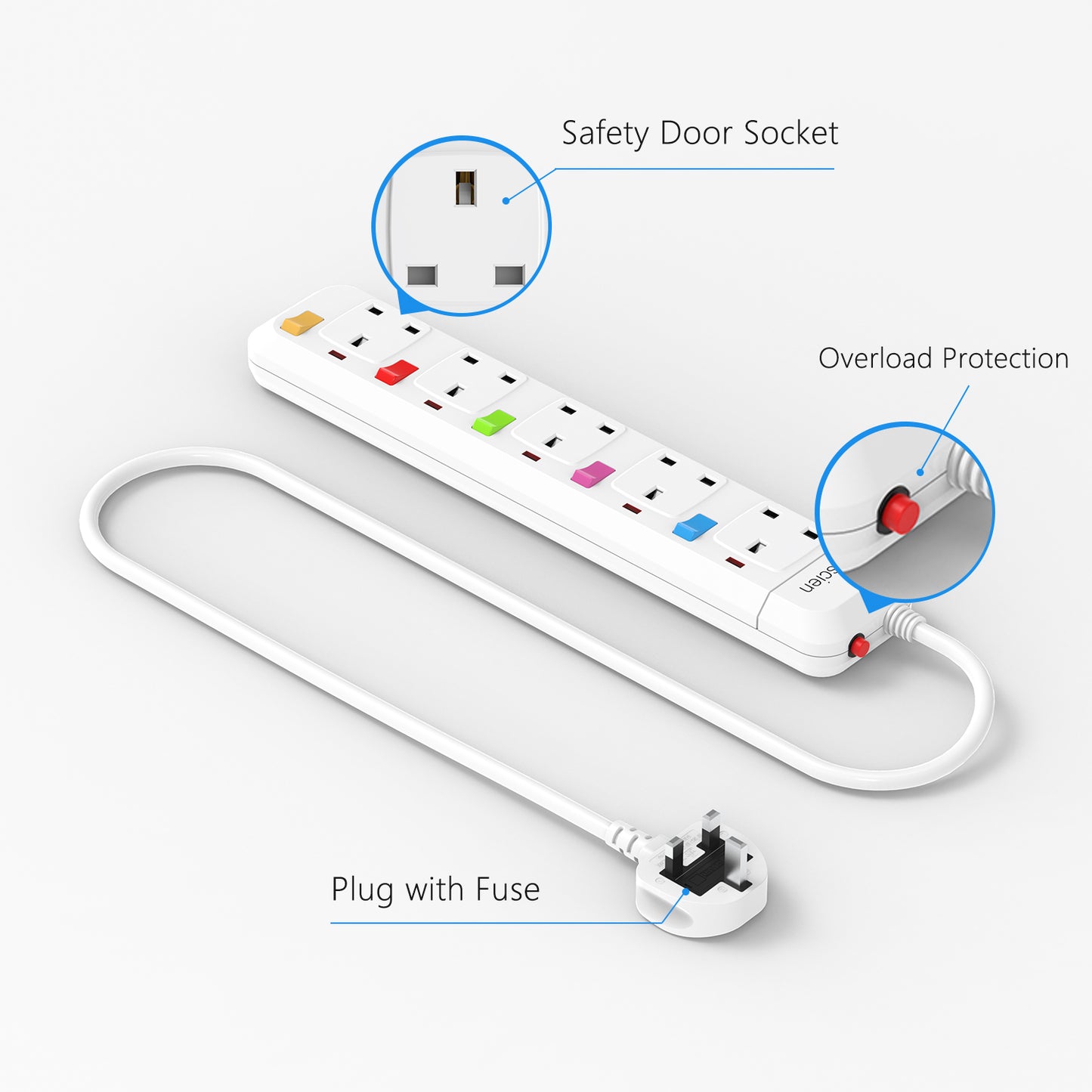 Mscien 1M Extension Lead 5 Way Independent Switch, Surge Protected Extension Lead, UK Power Strip Wall Mountable with 1 Metre Extension Cord, 5 Gang Multi Plug Extension Sockets