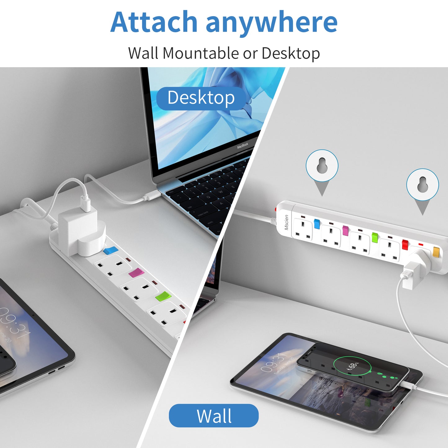 Mscien 1M Extension Lead 5 Way Independent Switch, Surge Protected Extension Lead, UK Power Strip Wall Mountable with 1 Metre Extension Cord, 5 Gang Multi Plug Extension Sockets