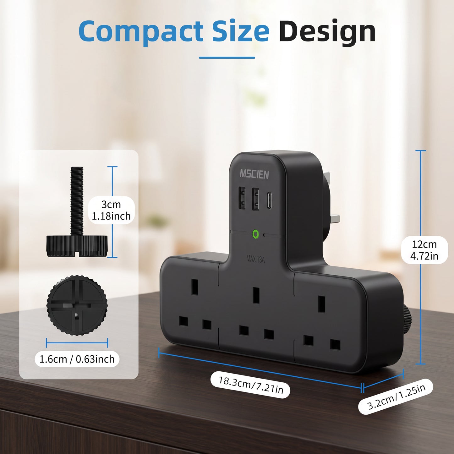 315° Black Plug Extension Socket, 6 in 1 Multi Plug Adopter 3 Way 3 USB, 13A Fuse Surge Protection Wall Socket UK Adapter, Widened Spacing Compact Portable Power Strip for Home Office Travel