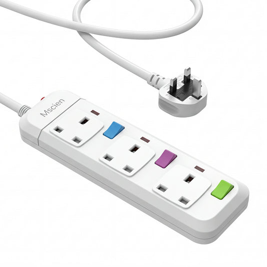 Mscien Extension Lead 1M 3 Way,Fused 3 plug Extension Socket with Individual Switches Mountable Overload Protection Power Strips with 1 Metre Extension cable 2500W