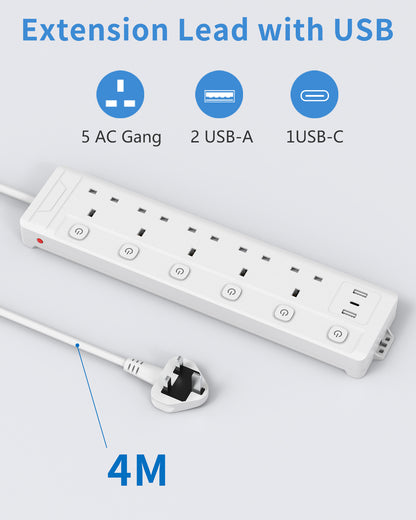 4M Extension Lead 5 Way with 3 USB Slots (2 USB-A,1 USB-C), Individually Switched, White 4 Metre Extension Lead, For Home Dorm Office