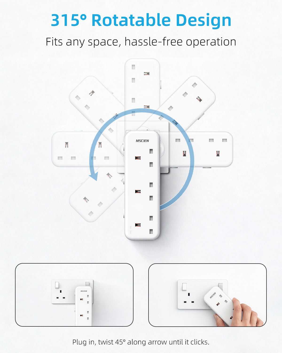 Mscien Multi Plug Extension Socket,3 Way Plug Adaptor With Independent Switches,Wall Socket Plug Extender with 315 Degree Rotation Plug,UK 13A Fuse Power Extender for Home, Kitchen, Office