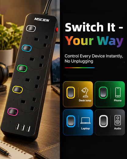 Mscien Extension Lead with 3 USB Slots 3M Black Individual Switched, 3250W