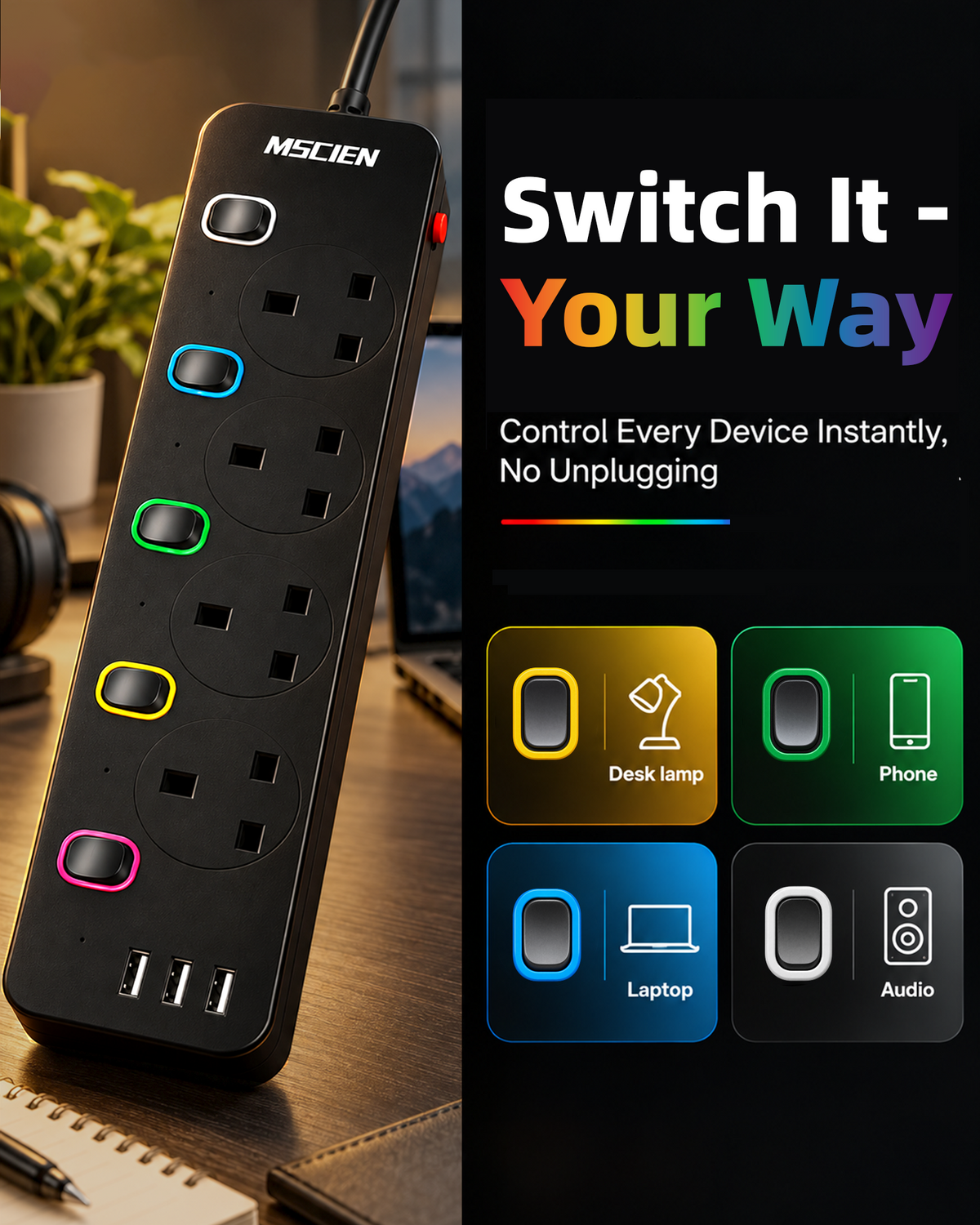 Mscien Extension Lead with 3 USB Slots 6M Black Individual Switched, 3250W