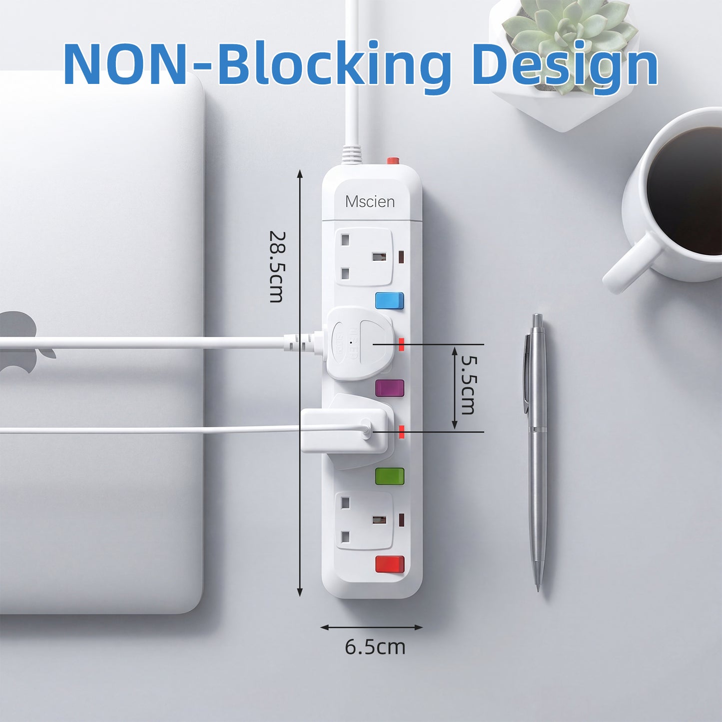 Mscien Extension Lead 1M 4 Way Wall Mounted, 1M Extension Lead Switched with Multiple Protection, Fused Power Strip 4 Sockets White, 2500W Extension Cord