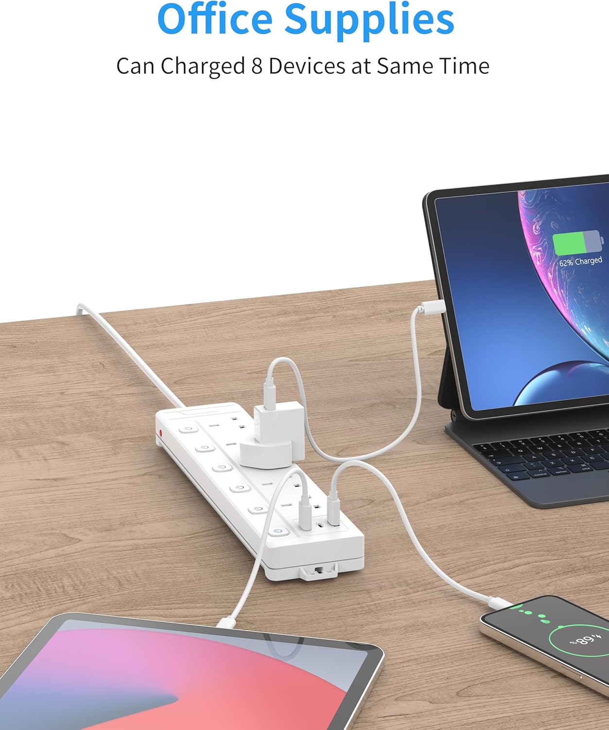 4M Extension Lead 5 Way with 3 USB Slots (2 USB-A,1 USB-C), Individually Switched, White 4 Metre Extension Lead, For Home Dorm Office