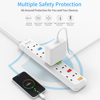 6M Long Extension Lead with Switches, Mscien 5 Way Extension Socket Surge Protected Overload Extension Cable, UK Power Strip Mountable with 6 Metre Extension Cord, 5 Gang Multi Plug