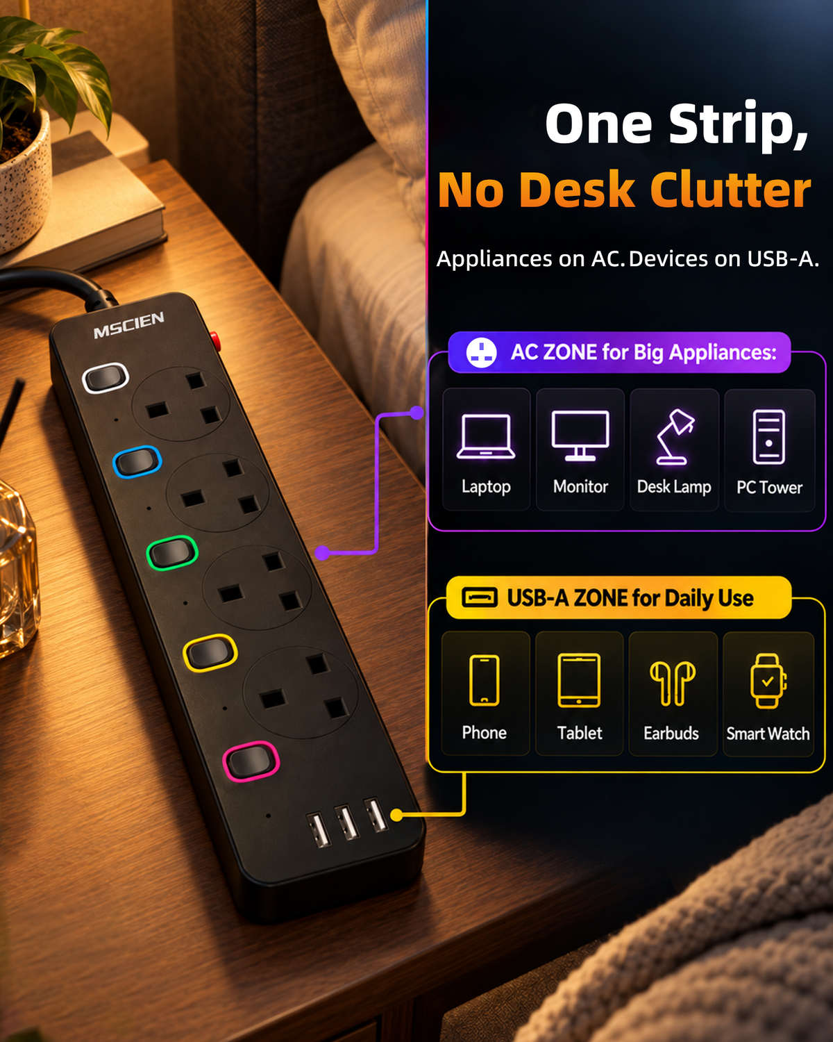 Mscien Extension Lead with 3 USB Slots 3M Black Individual Switched, 3250W