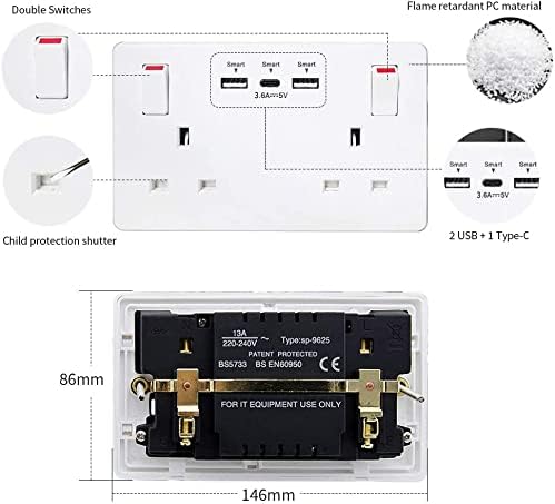 2Pack 2Gang Wall Socket Double Switched with 2 USB-A and 1 Type-C