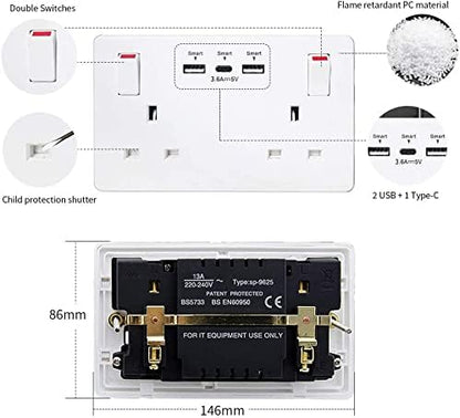 2Pack 2Gang Wall Socket Double Switched with 2 USB-A and 1 Type-C