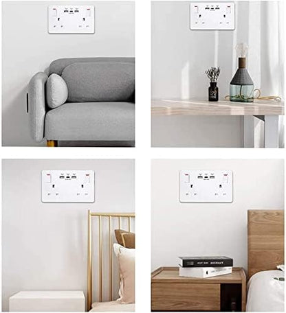 Wall Socket Double Switched with 2USB and 1 Type C Fast Charging,13 Amp 2 Gang White Electric Socket